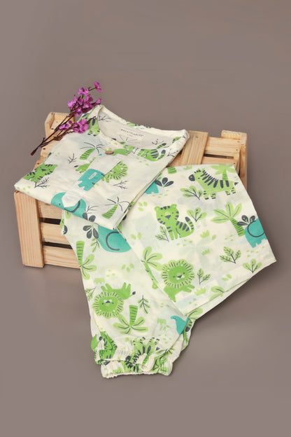 tiger elephant print blue green kurta pajama nightsuit set for kids 