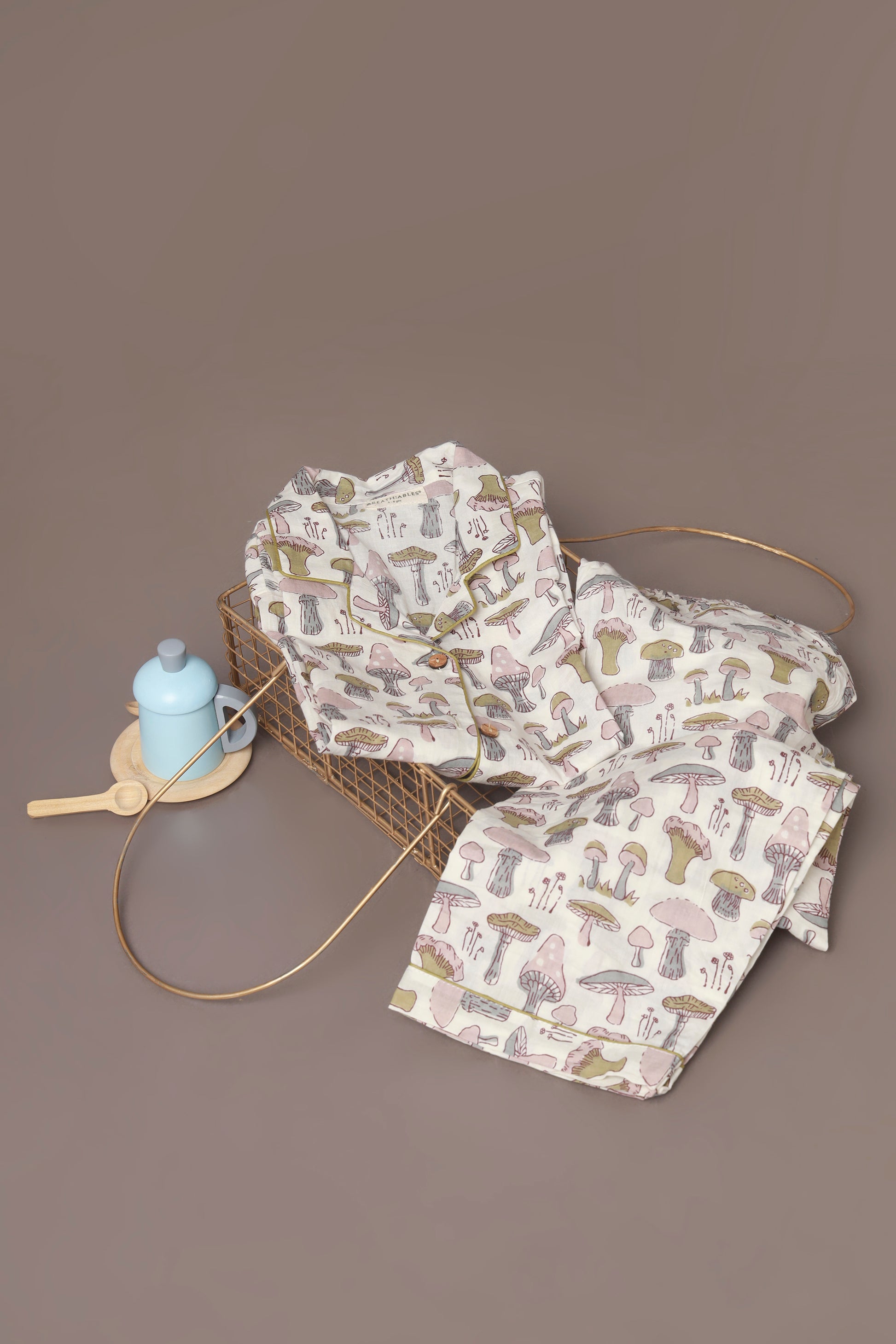 Kids Cotton White Mushroom Print Shirt & Pyjama Unisex Nightsuit