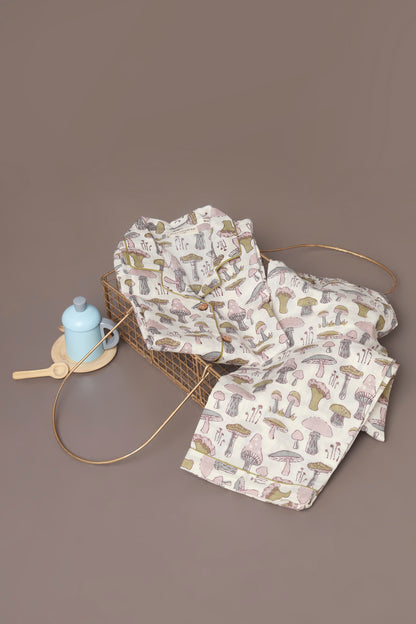 Kids Cotton White Mushroom Print Shirt & Pyjama Unisex Nightsuit