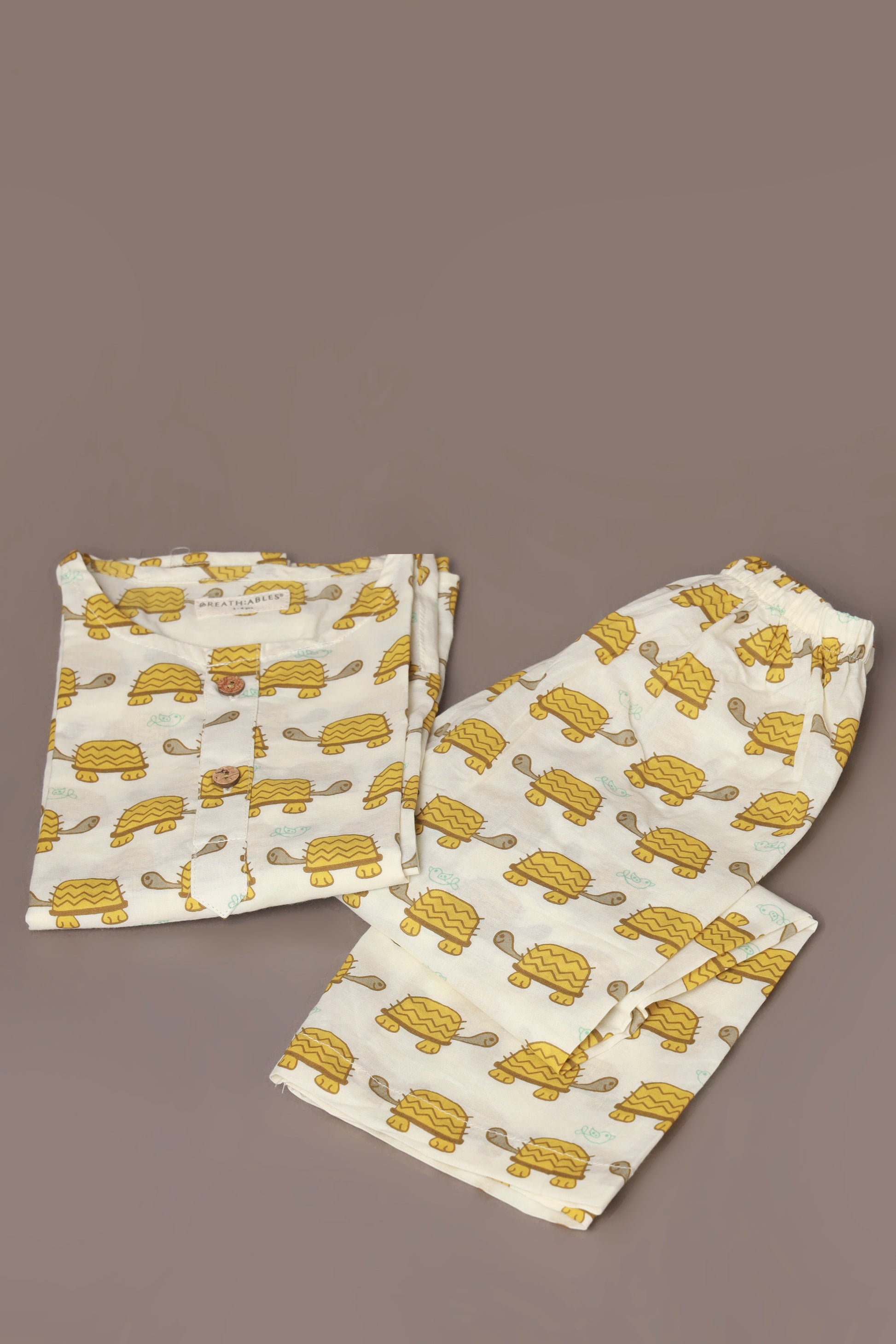 Yellow Turtle print kids kurta pajama nightsuit set 