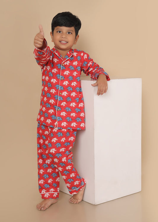 Kids red and pink cotton shirt and pant co-ord set with elephant print, full sleeves, notched collar, loose fit, soft and comfortable nightwear.