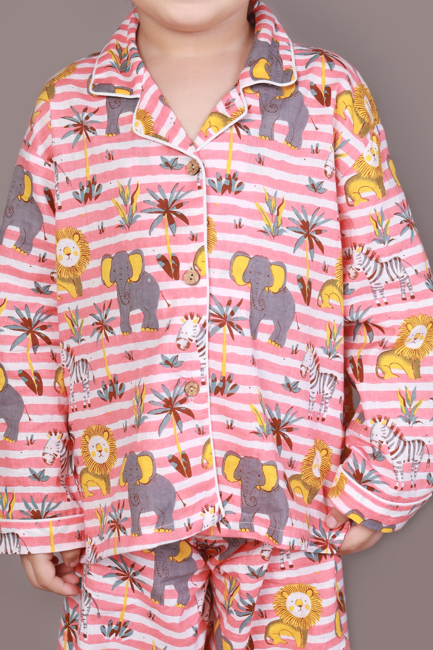 Red & White Jungle Stripe Print Cotton Shirt & Pyjama Nightsuit for Kids