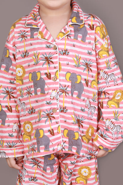 Red & White Jungle Stripe Print Cotton Shirt & Pyjama Nightsuit for Kids