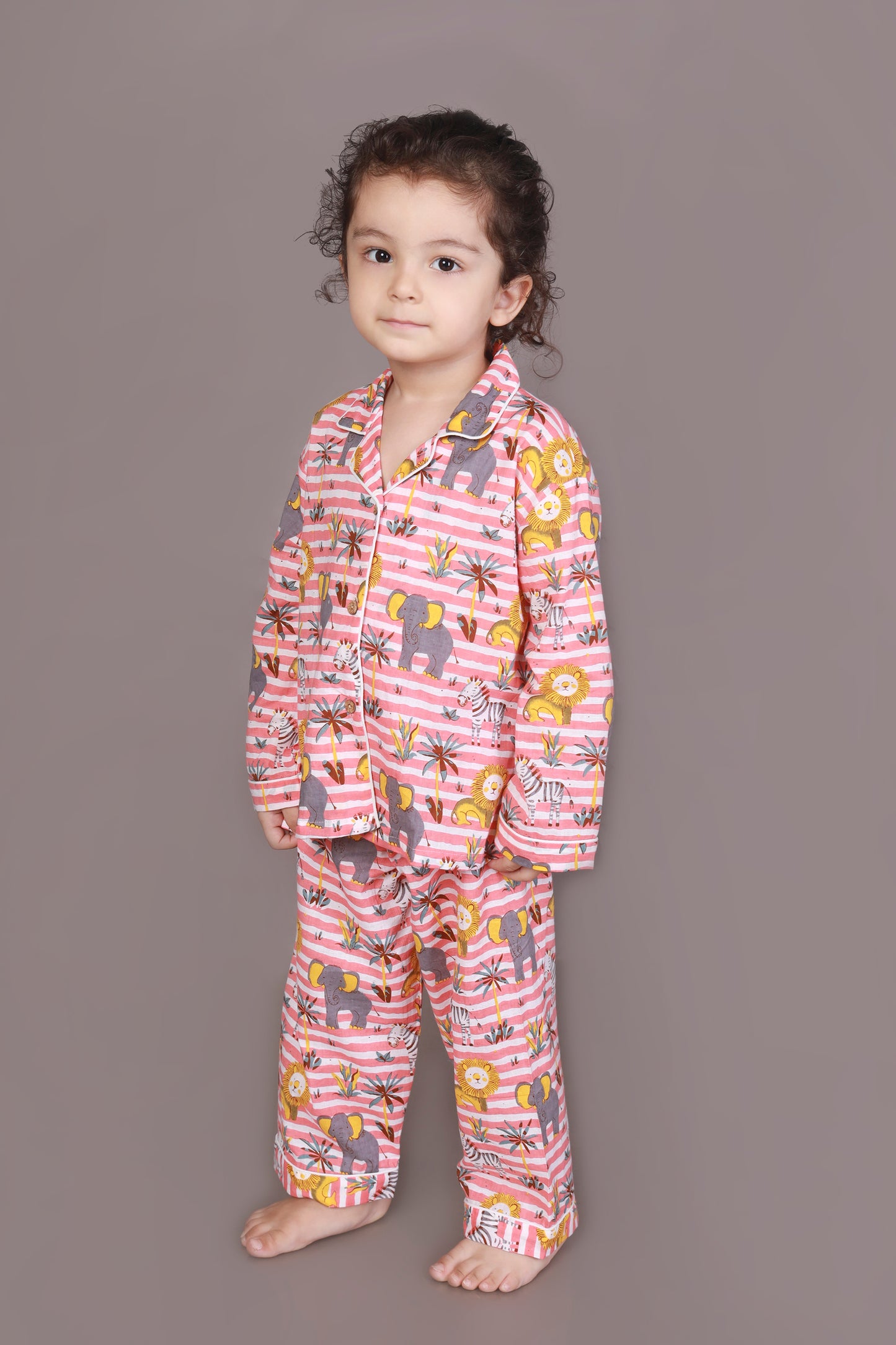 peach white animal print shirt pajama set nightsuit for kid
