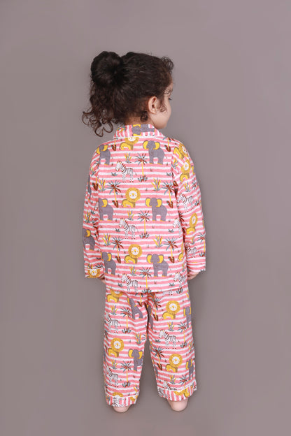 Red & White Jungle Stripe Print Cotton Shirt & Pyjama Nightsuit for Kids