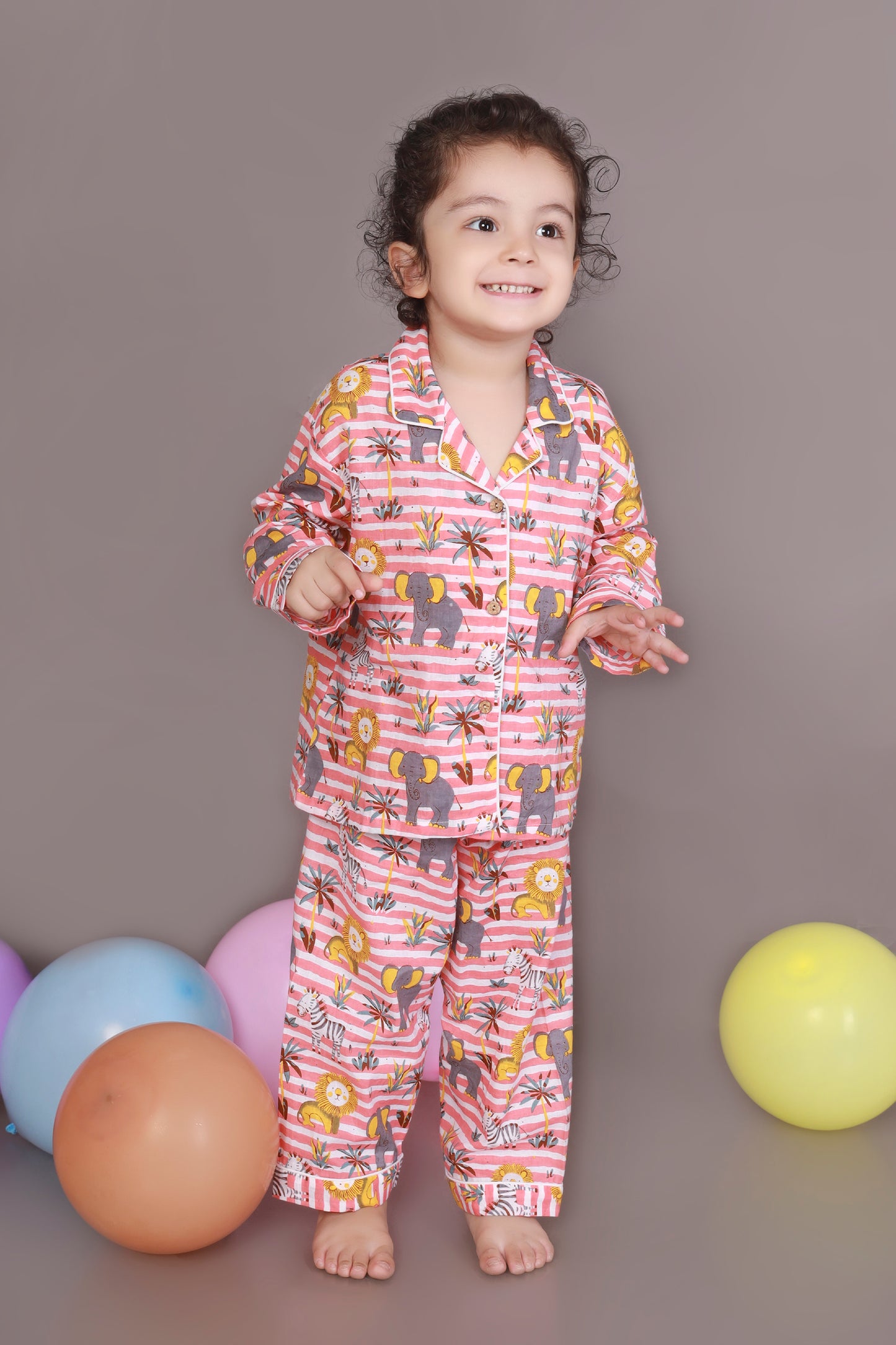 peach white animal print shirt pajama set nightsuit for kid