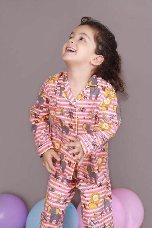 peach white animal print shirt pajama set nightsuit for kid