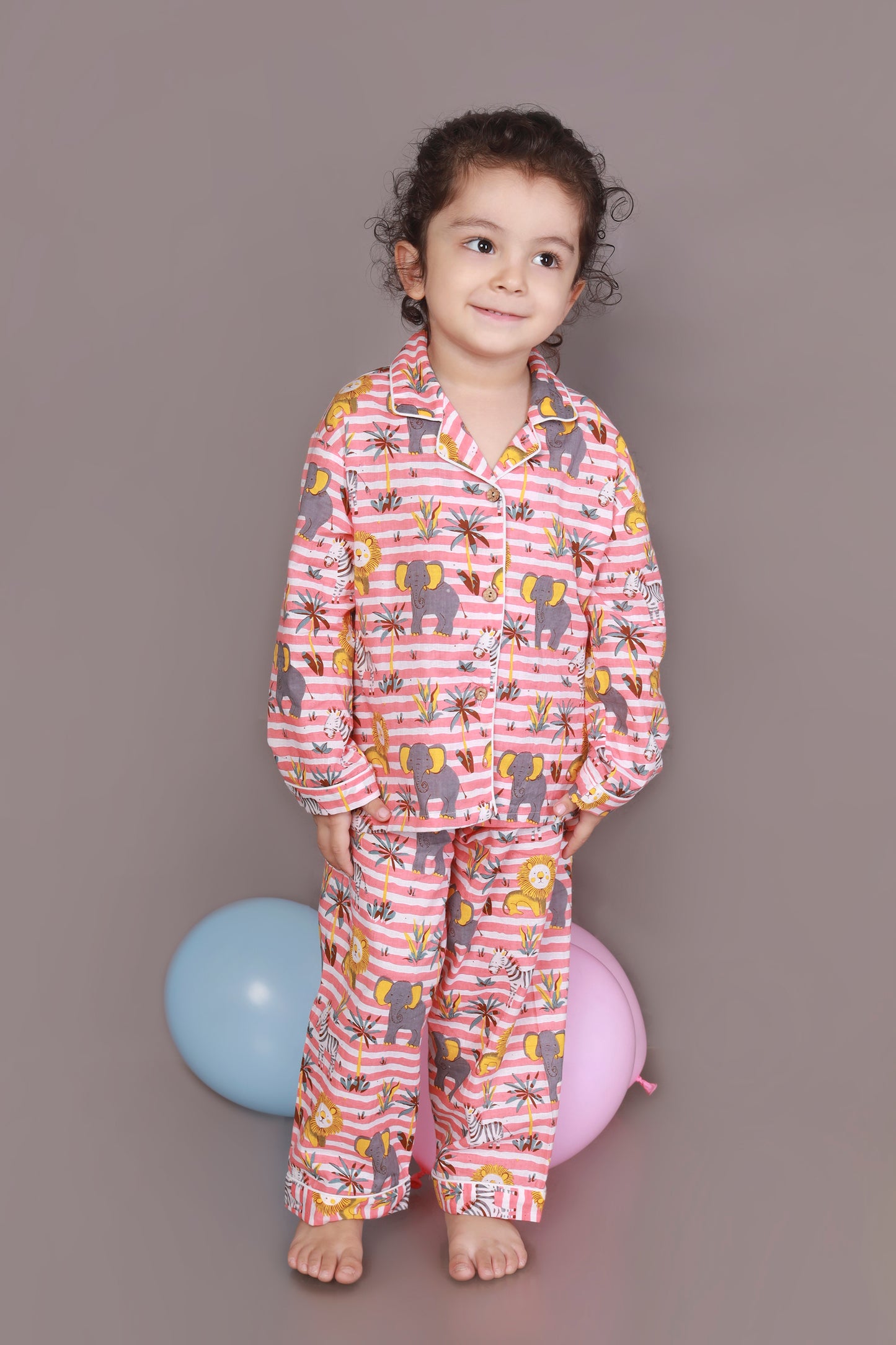 Red & White Jungle Stripe Print Cotton Shirt & Pyjama Nightsuit for Kids