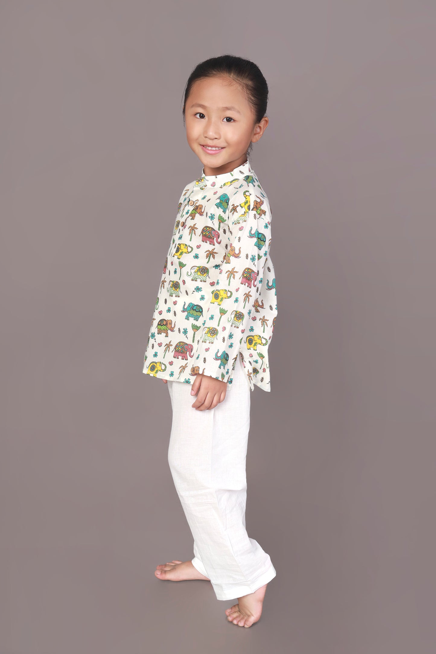 White Cotton Elephant Print Kurta Pyjama Nightsuit for Kids