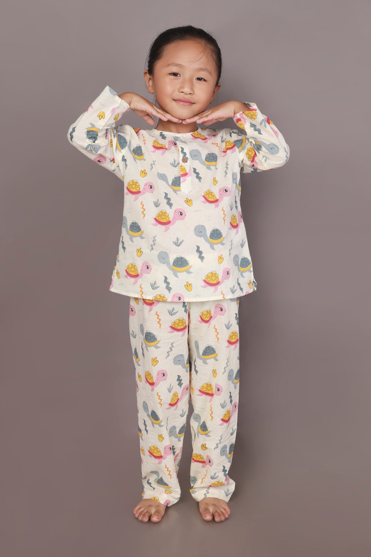 White Multi-ColorCotton Turtle Print Co-ord Nightsuit for Kids