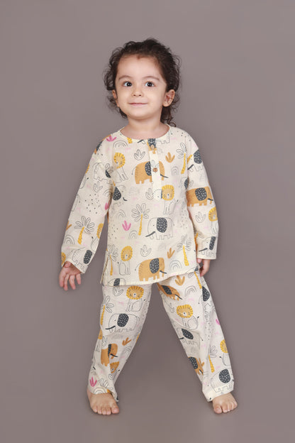 White Animal Print Cotton Nightsuit Set for Kids