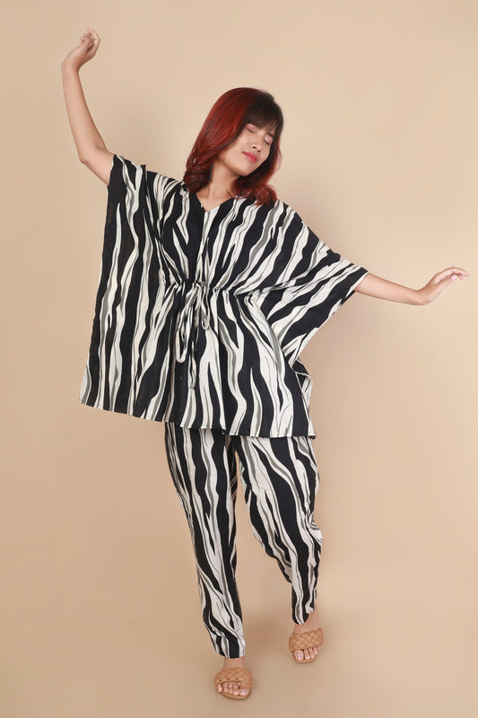 Black white stripe cotton kaftan set for women