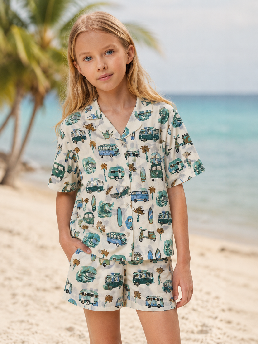Kids White Blue Beach Inspired Cotton Nightsuit Shorts Co-ord Set For Boys and Girls