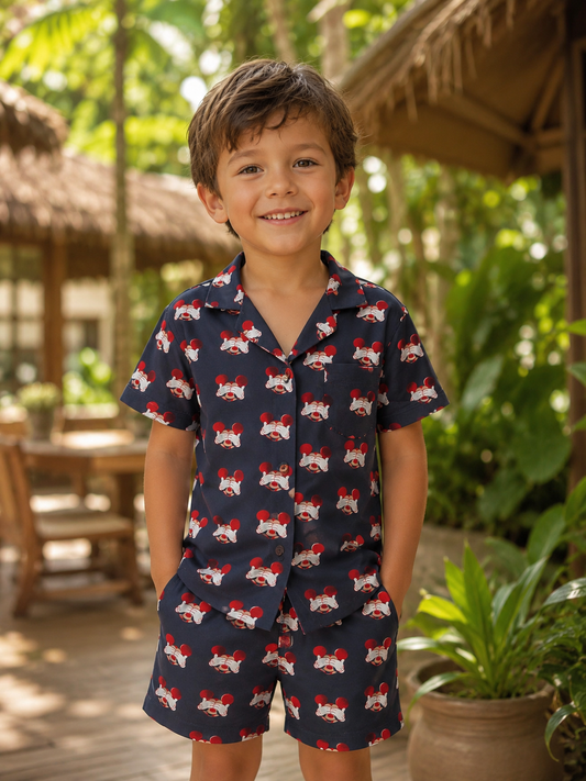 Kids Black Mickey Mouse Print Cotton Nightsuit Shorts Co-ord Set for Boys and Girls