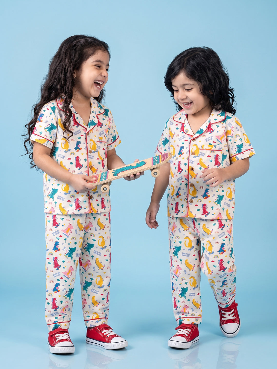 Dino colourful pajama kids nightsuit set group 