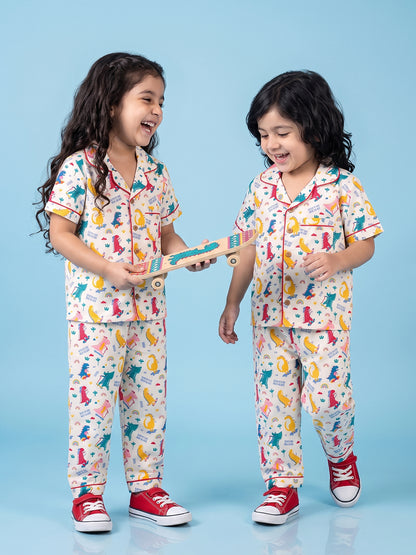 Dino colourful pajama kids nightsuit set group 