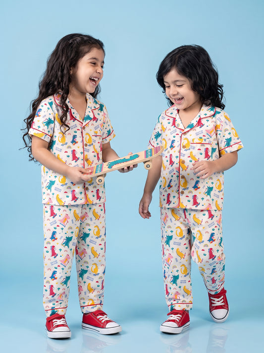 Dino colourful pajama kids nightsuit set group 