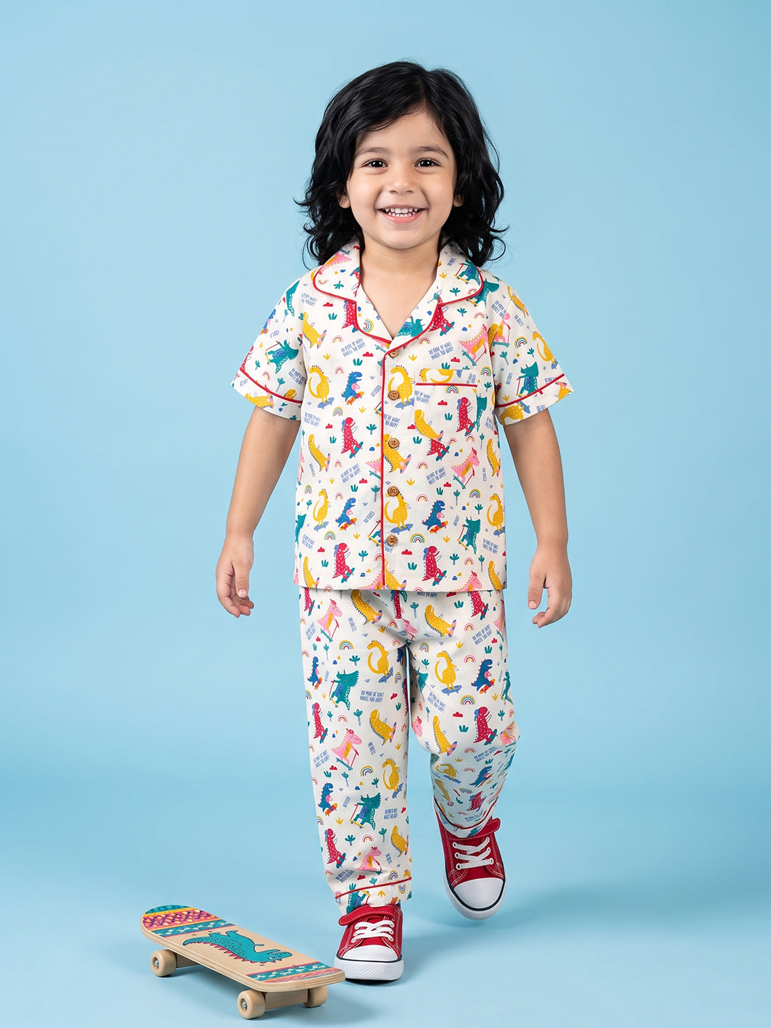 Dino colourful pajama kids nightsuit set group  standing