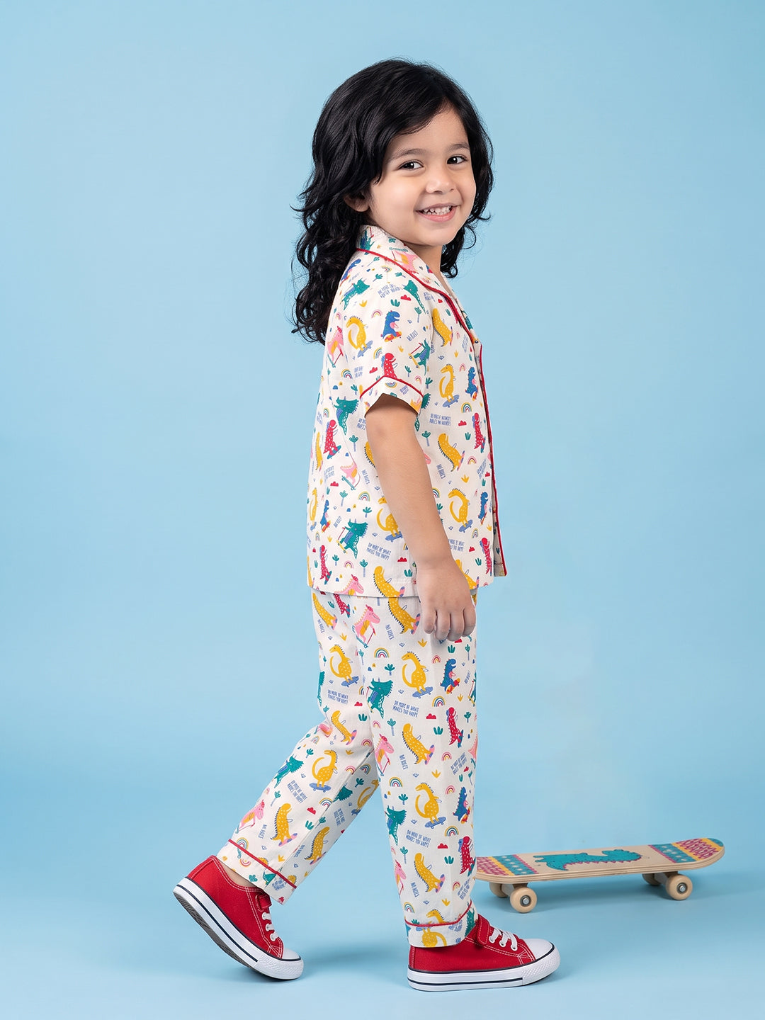 Dino colourful pajama kids nightsuit set group  standing side ways