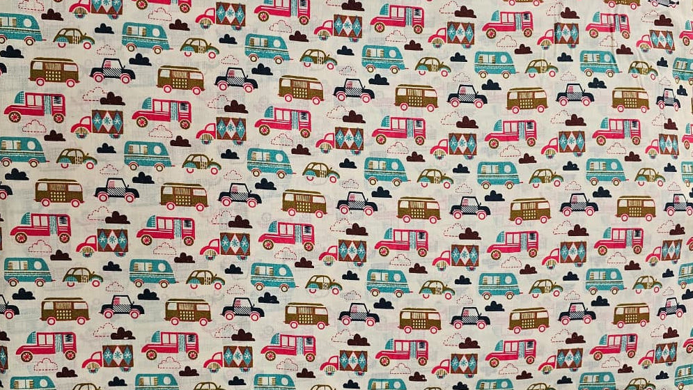 Fabric with vintage car pattern on a plain background