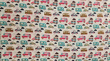 Fabric with vintage car pattern on a plain background