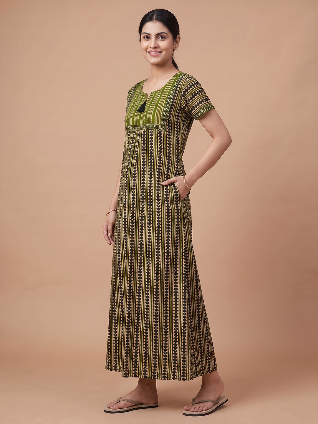 Green Stripes Nighty  side pockets