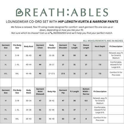 Measurement chart for BREATHABLES loungewear co-ord set with kurta and pants
