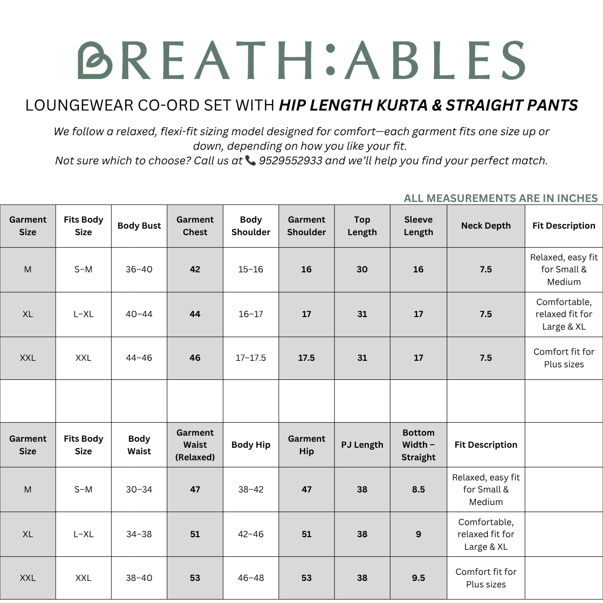 Size chart for Breathables loungewear co-ord set with hip length kurta and straight pants.