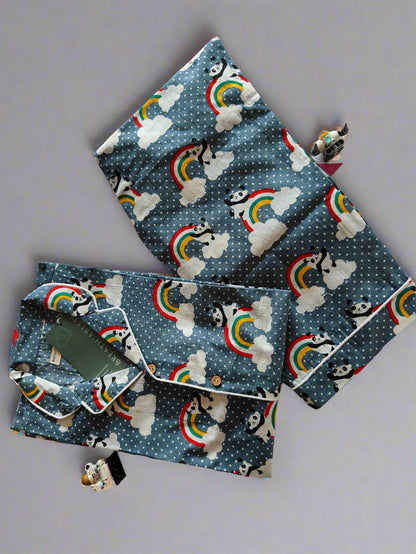 Kids cotton nightsuit with rainbow panda print – grey full-sleeve shirt and pants co-ord set for boys and girls. Soft, breathable, and comfortable nightwear for kids