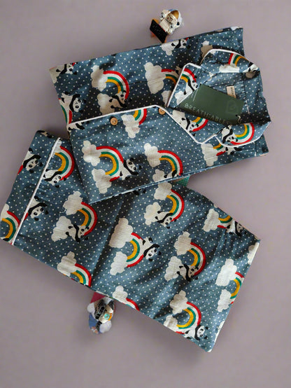 Kids cotton nightsuit with rainbow panda print – grey full-sleeve shirt and pants co-ord set for boys and girls. Soft, breathable, and comfortable nightwear for kids