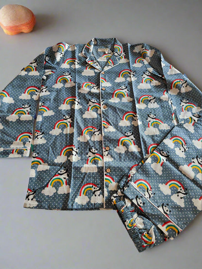 Kids Cotton Rainbow Panda Print Nightsuit – Grey Full Sleeves Shirt & Pant Co-ord Set | Nightwear