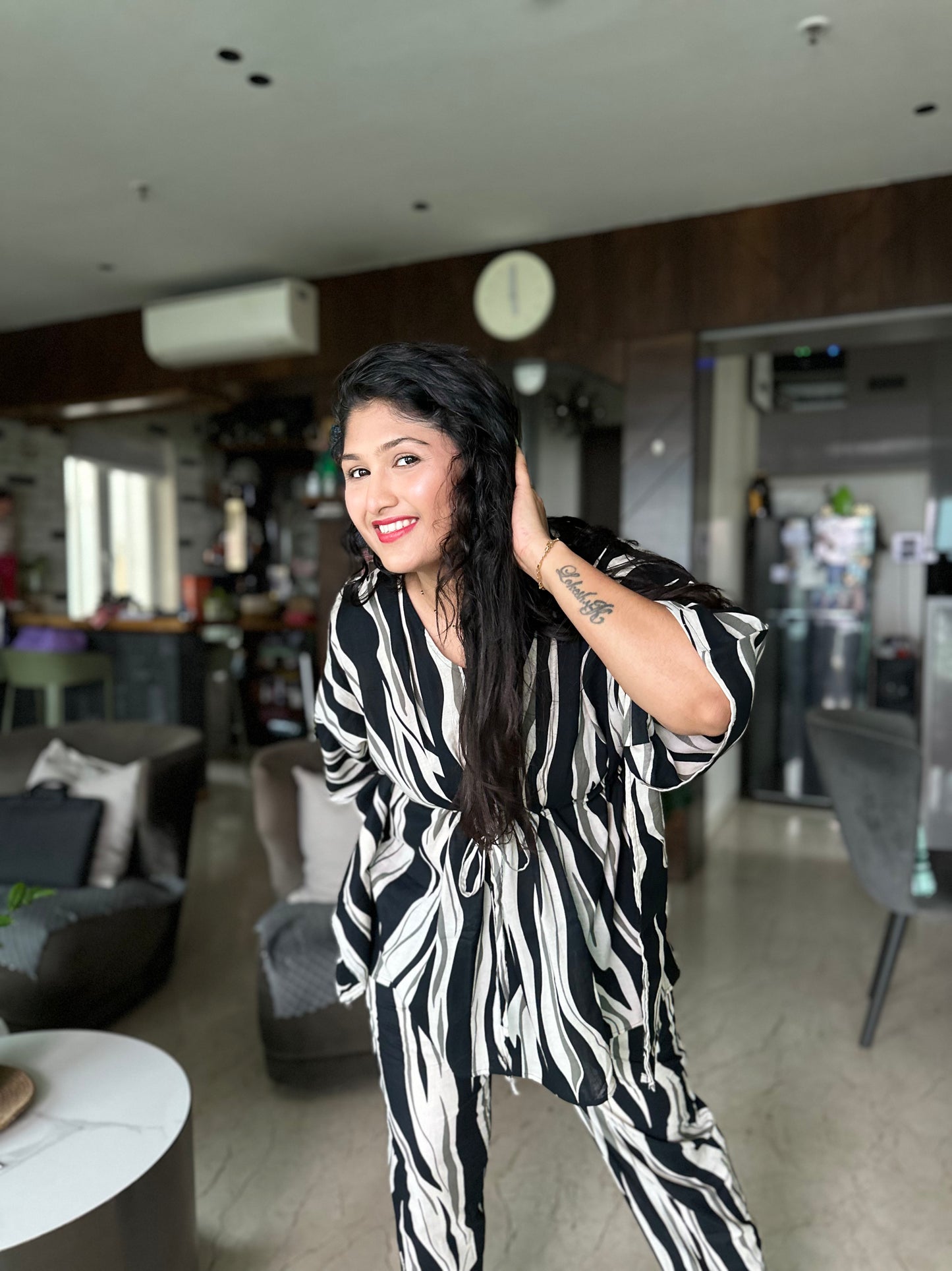 Black & White Abstract Print Cotton Kaftan Set