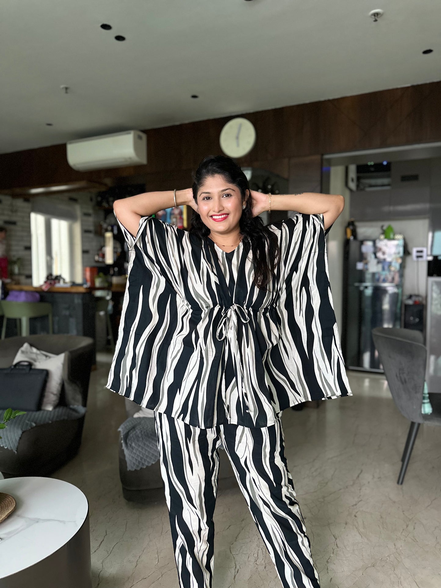 Black & White Abstract Print Cotton Kaftan Set