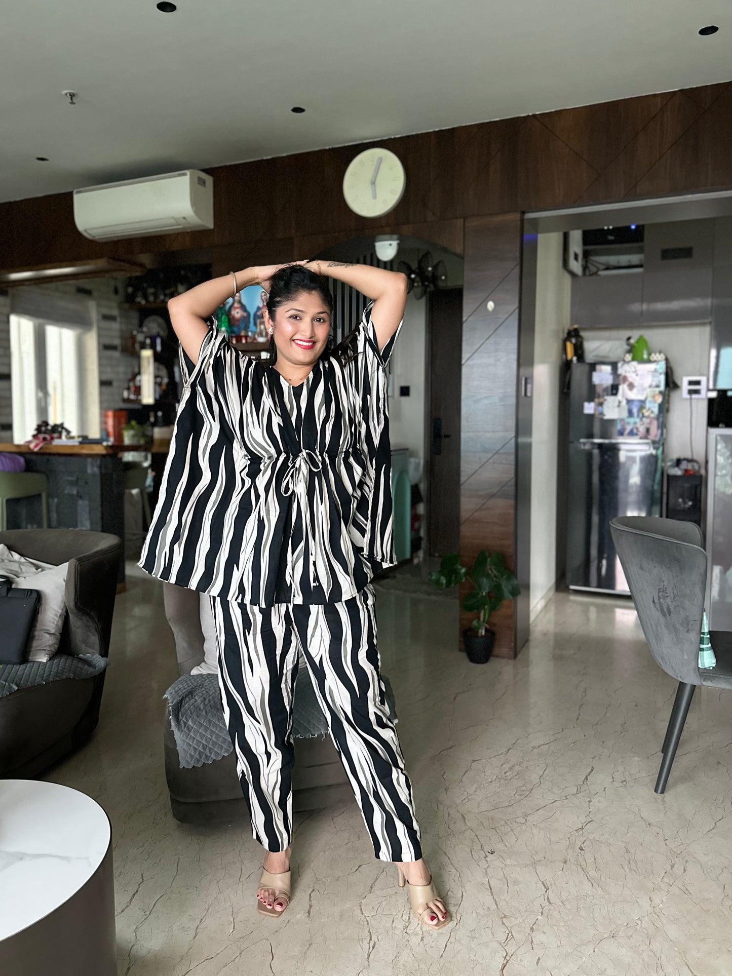 Black & White Abstract Print Cotton Kaftan Set