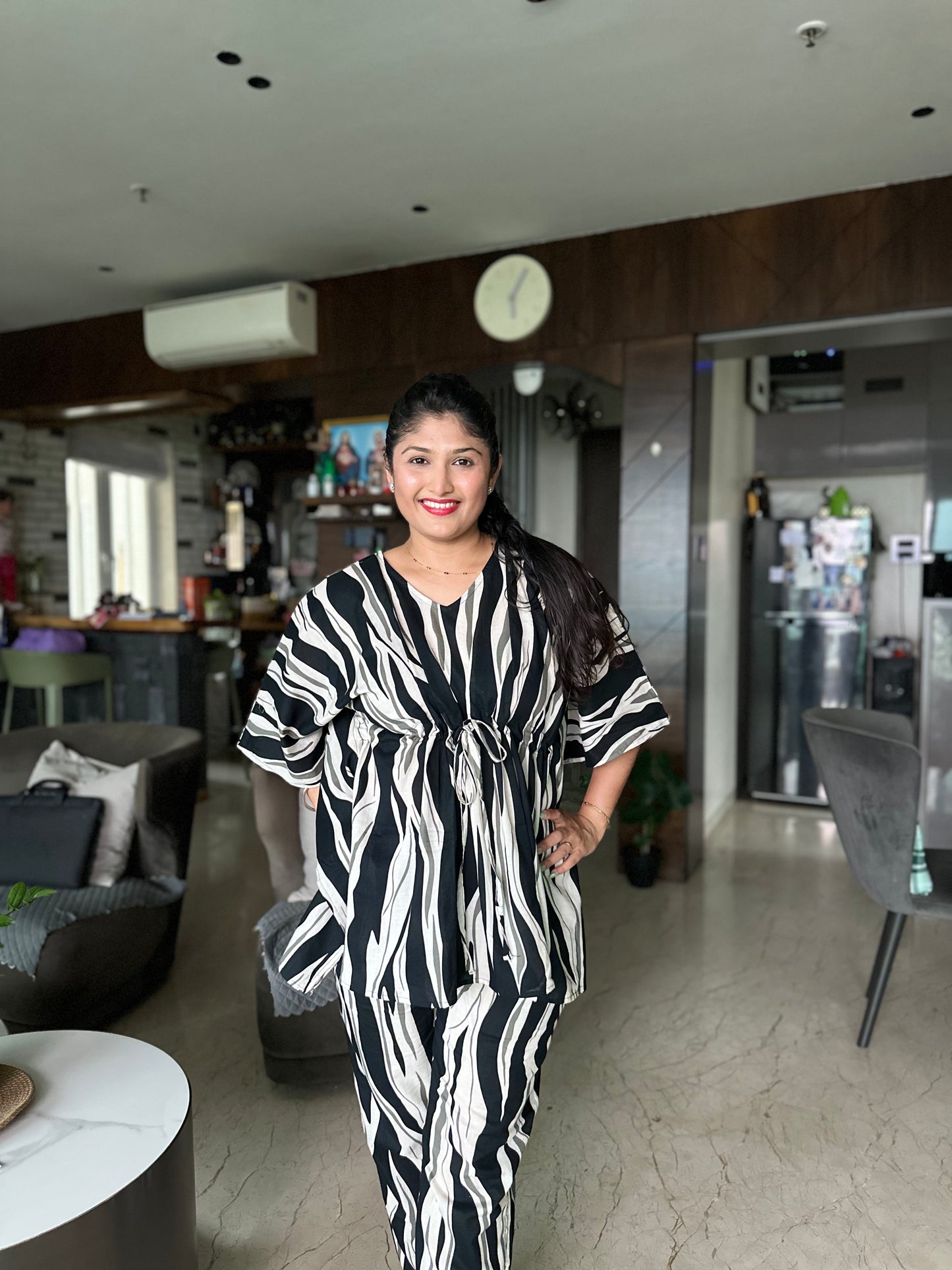 Black & White Abstract Print Cotton Kaftan Set
