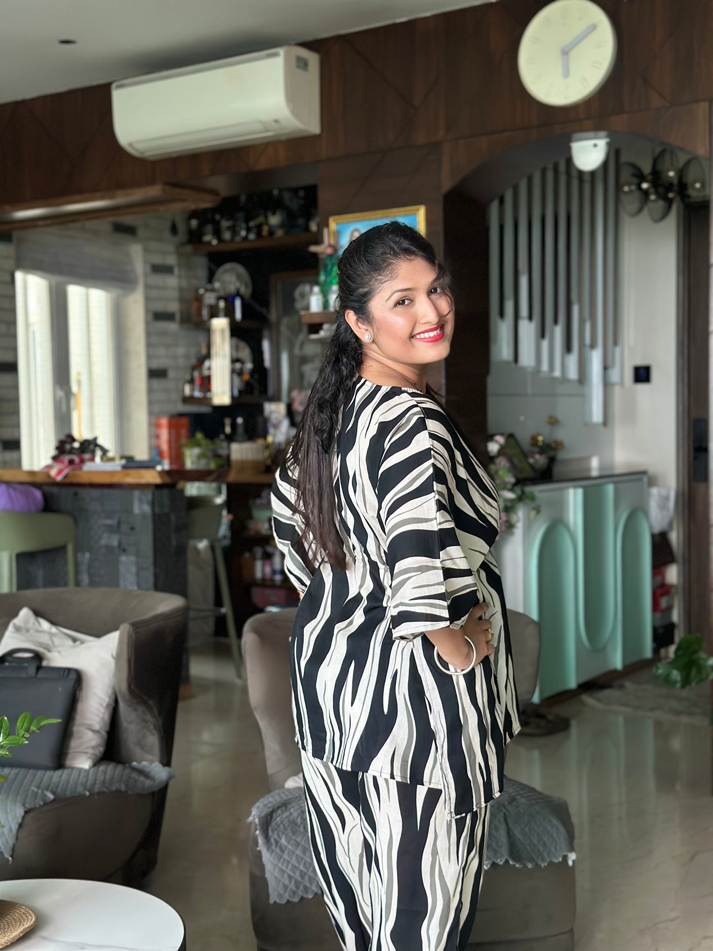 Black & White Abstract Print Cotton Kaftan Set