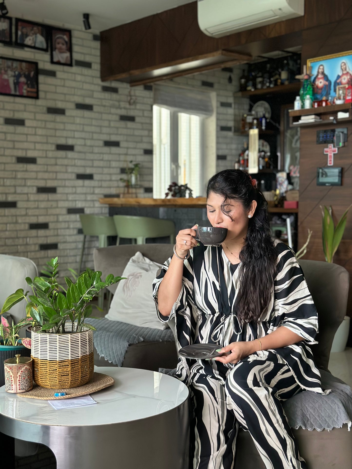 Black & White Abstract Print Cotton Kaftan Set