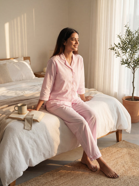 Woman in pink pajamas sitting on a bed in a bright bedroom.