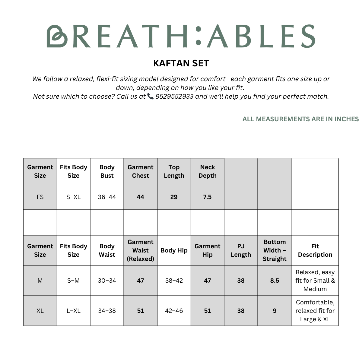 Breathables kaftan set size chart on a white background