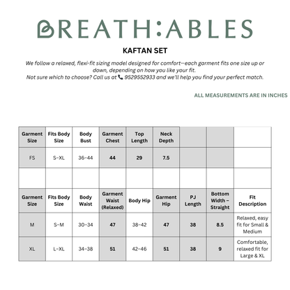 Breathables kaftan set size chart on a white background