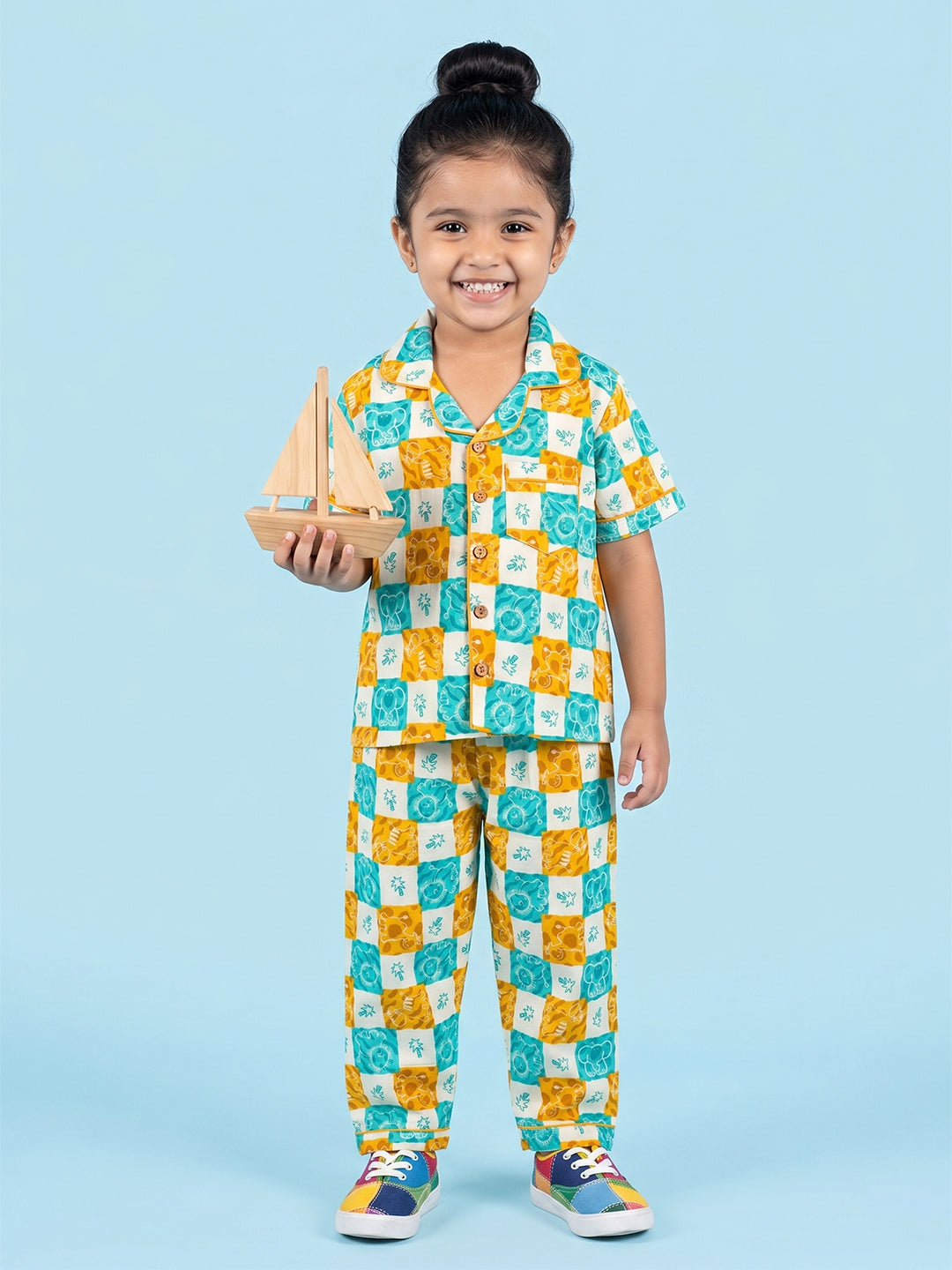 Kids Playing in checkered nighsuit pajama set