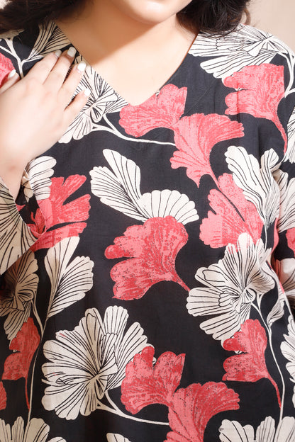 Close-up of a floral patterned garment with red, white, and black colors.