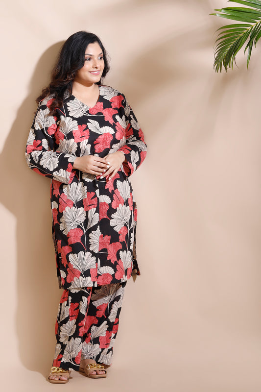 Woman wearing a floral dress against a beige background