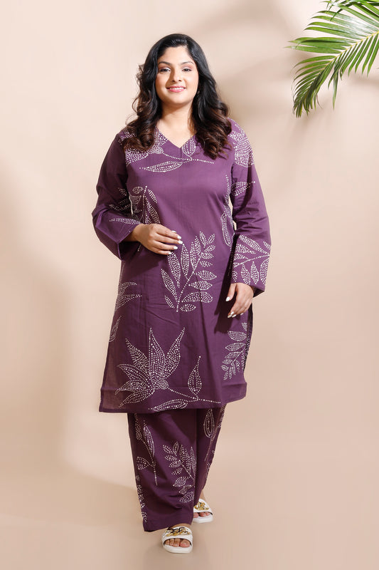Purple Cotton Abstract Print Long Kurta Co-ord Set