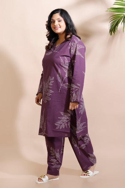 Purple Cotton Abstract Print Long Kurta Co-ord Set