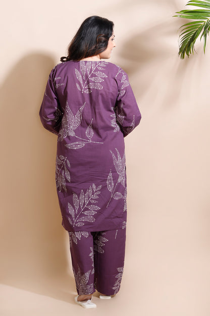 Purple Cotton Abstract Print Long Kurta Co-ord Set
