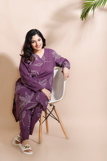 Purple Cotton Abstract Print Long Kurta Co-ord Set