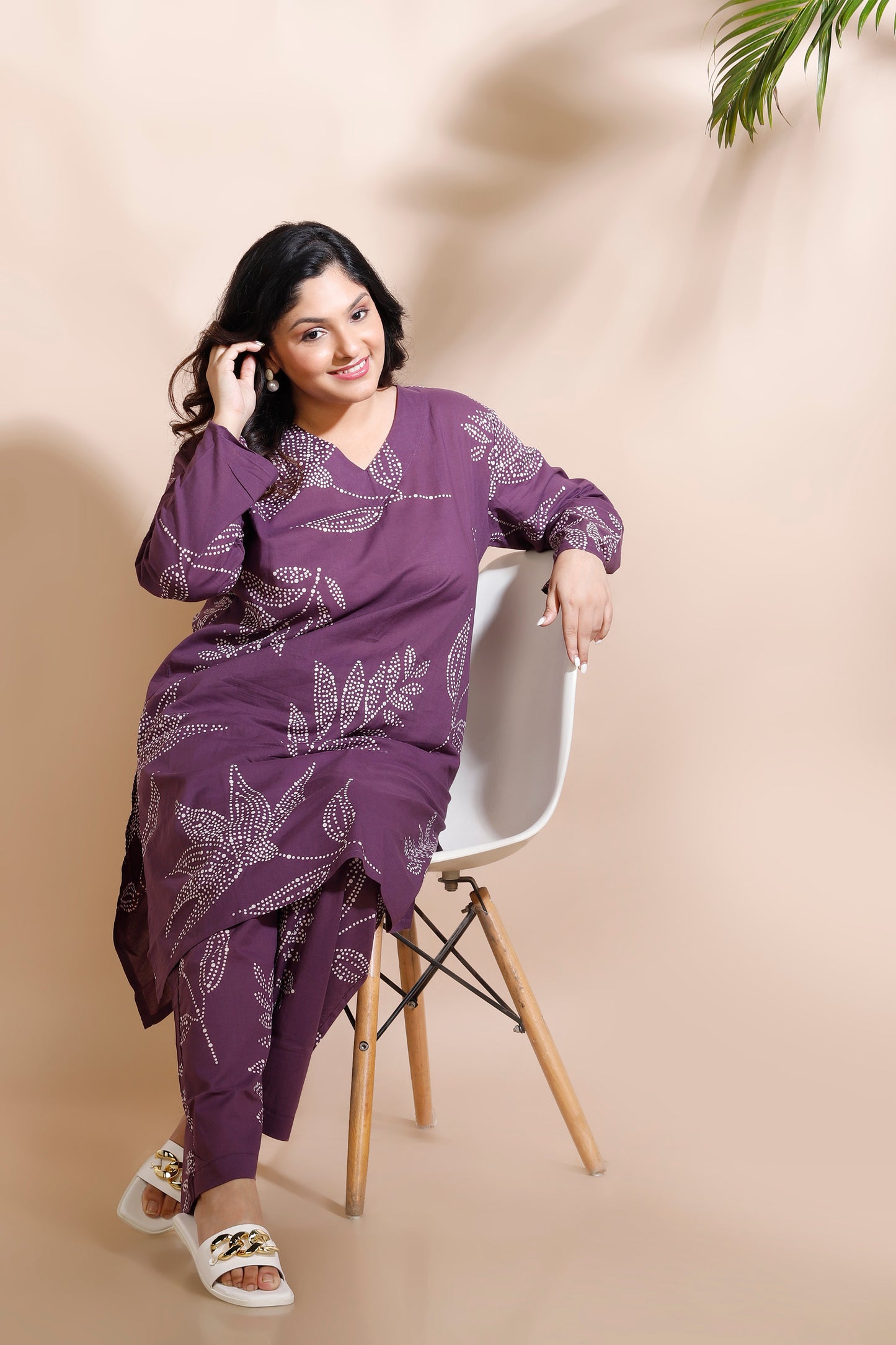 Purple Cotton Abstract Print Long Kurta Co-ord Set