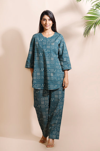 Green Abstract Print Cotton Co-Ord Set