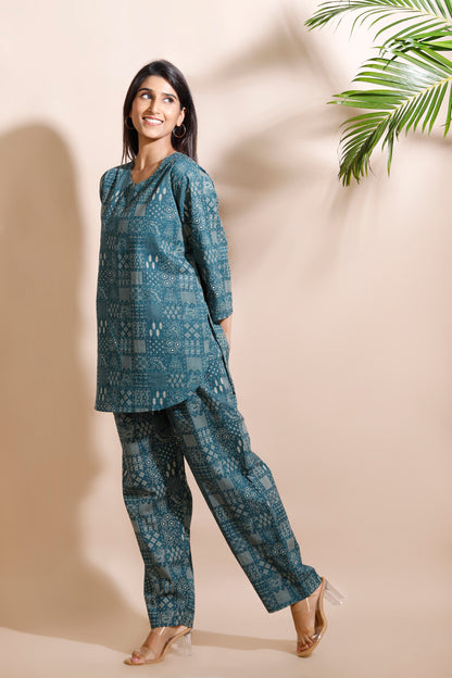 Green Abstract Print Cotton Co-Ord Set
